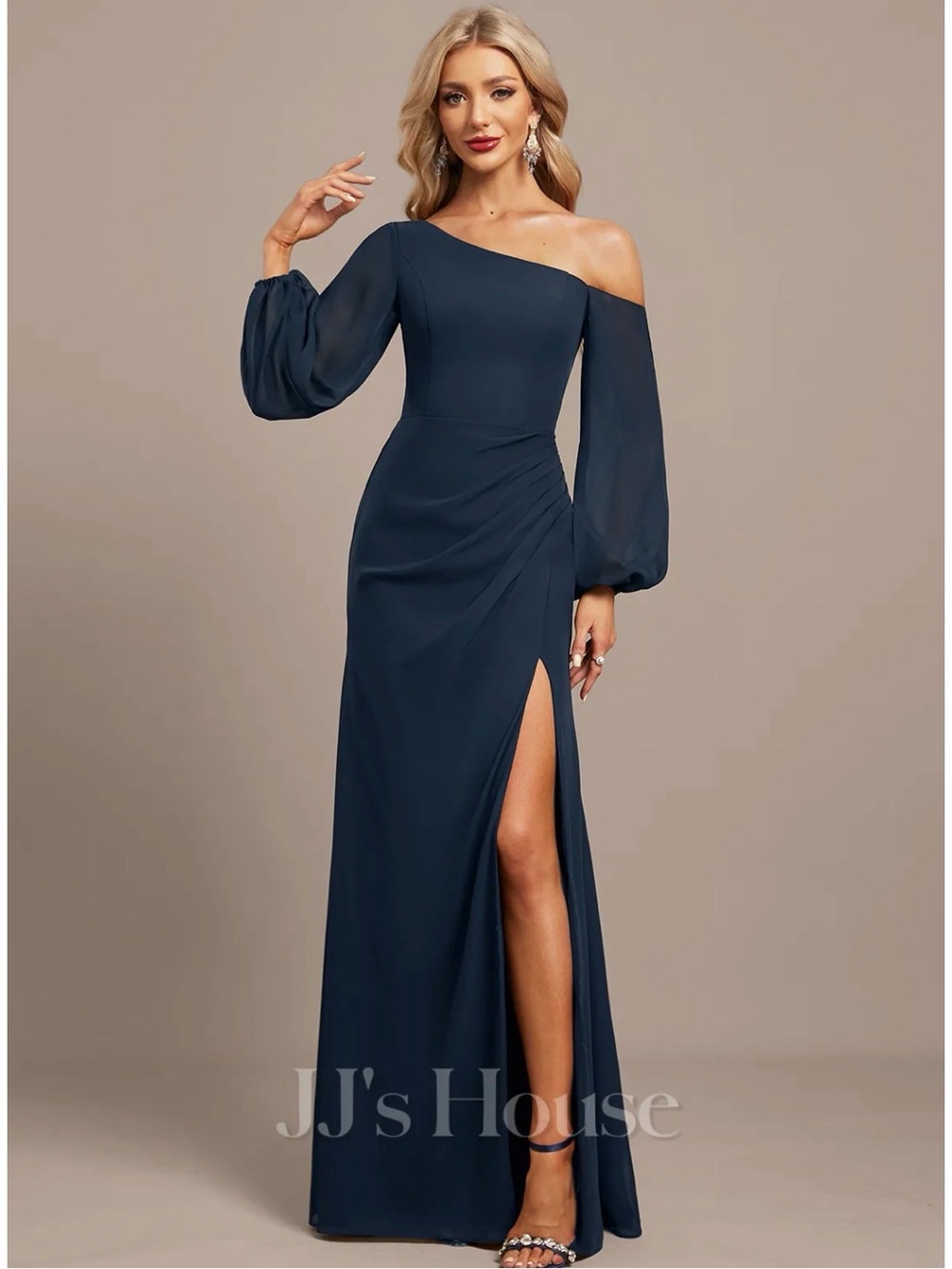 JJs House Navy One-Shoulder Long Evening Gown